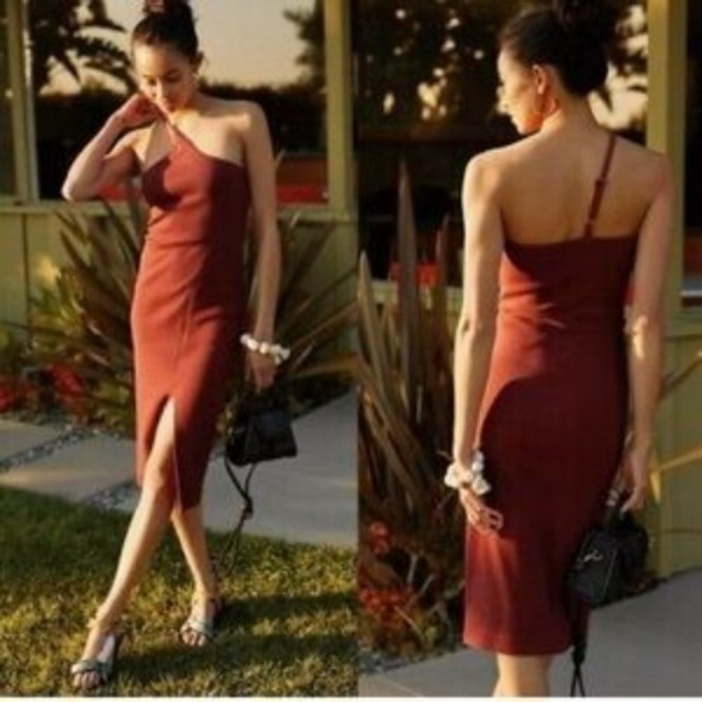 Anthropologie One-Shoulder Midi Dress Size L In Cocoa With Side Slit NWT